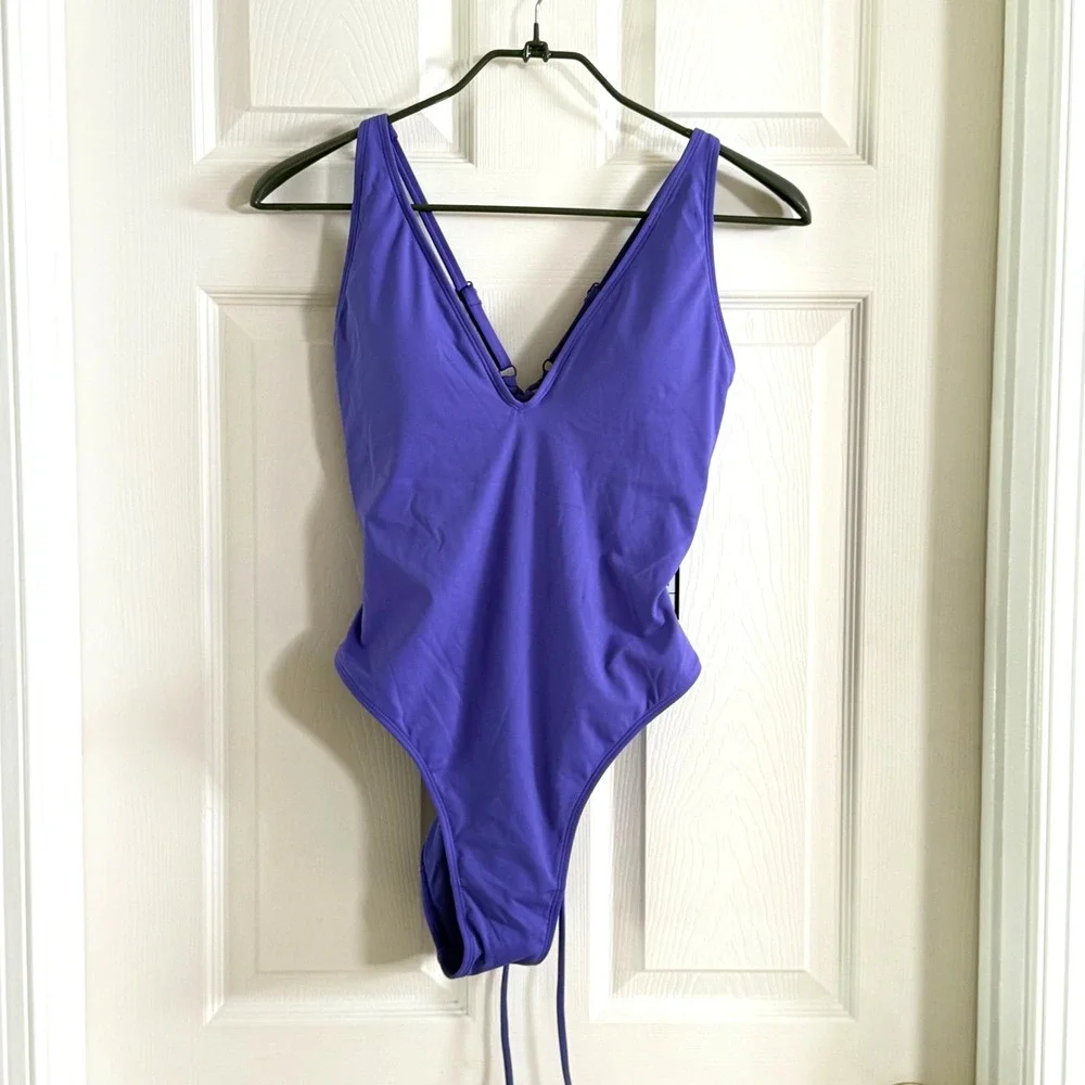 TA3 Hi Cut Plungey One‎ Piece Swimsuit Purple Lace Up Back Size L Short